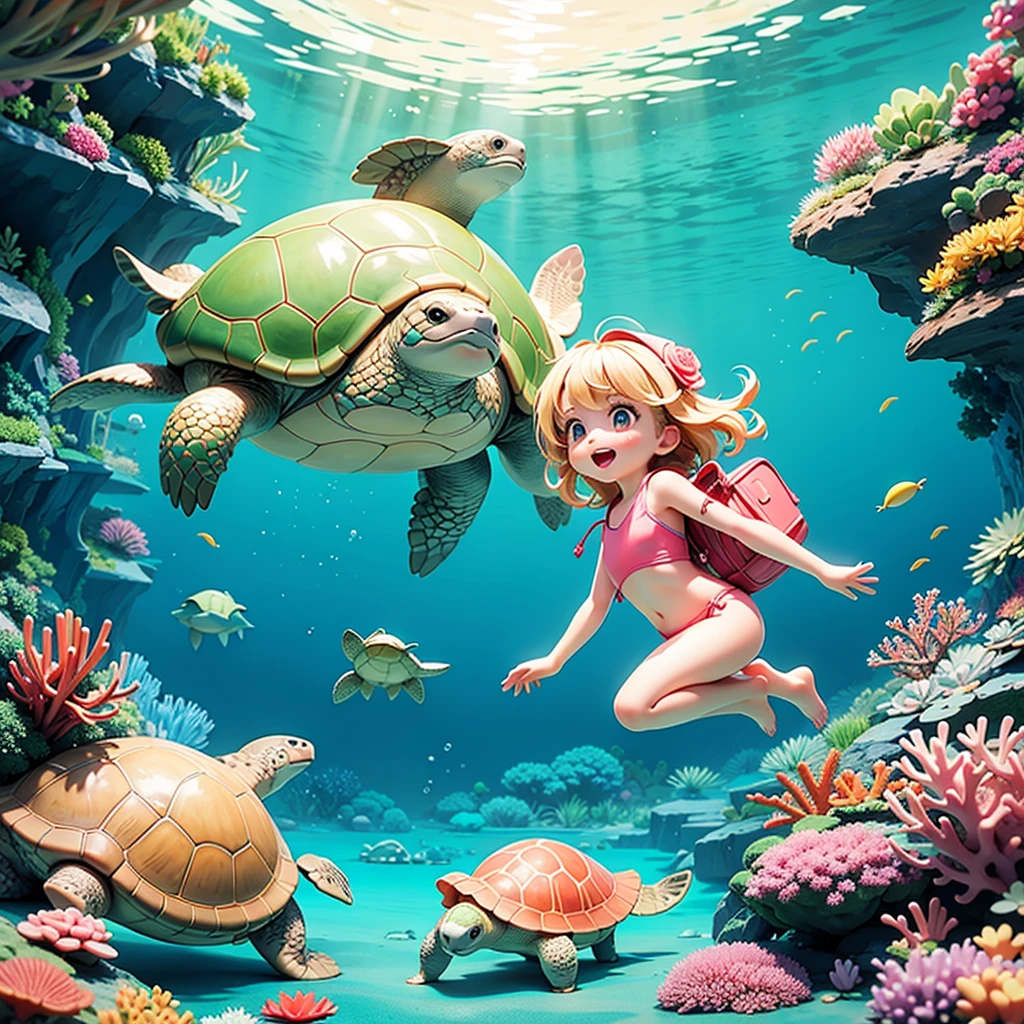 In the water、Girl playing with turtle、cute、beautiful、Swimwear、Big Turtle、Large sea turtle、is holding a turtle