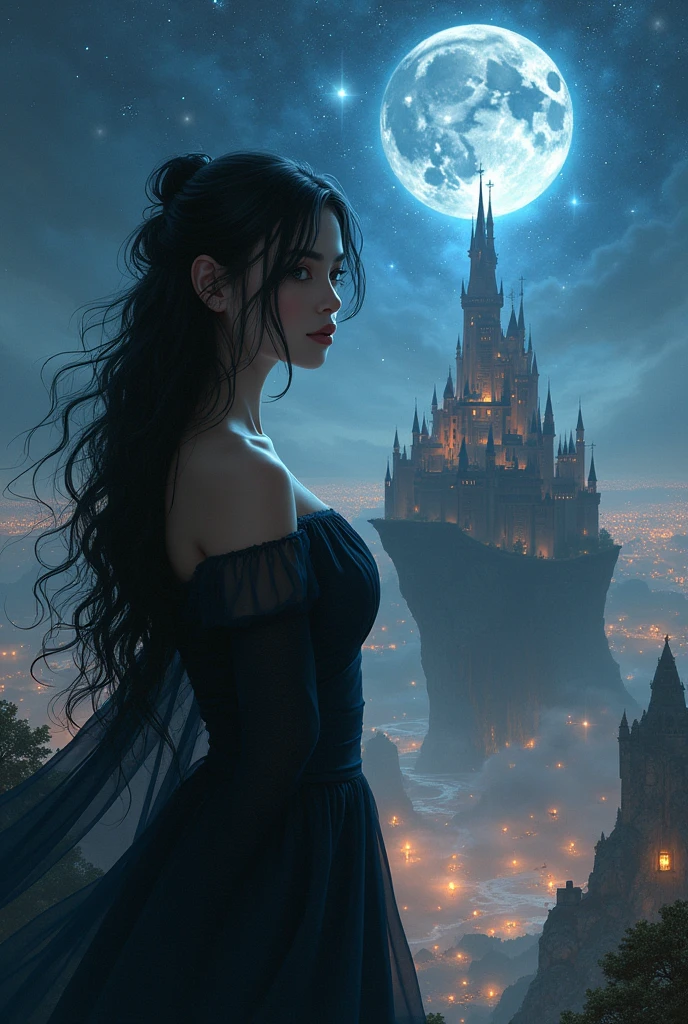 a picture of an exquisite beautiful female vampire standing under the starry night sky on the porch of her castle, dynamic angle (ultra detailed, Masterpiece, best quality), ultra detailed face (ultra detailed, Masterpiece, best quality), ultra feminine, dark skin, black  hair, wavy hair, dynamic eyes color, cold eyes, glowing eyes, intense eyes, dark red lips, fangs, wearing white dress, elegant style dress (ultra detailed, Masterpiece, best quality), wearing blue cloak (ultra detailed, Masterpiece, best quality), long cloak, flowing cloak (ultra detailed, Masterpiece, best quality), wearing high heeled boots, sky full of stars background, moon, bats flying about, high details, best quality, 8k, [ultra detailed], masterpiece, best quality, (ultra detailed), full body, ultra wide shot, photorealism, dark fantasy art, dark fantasy art, gothic art, many stars, dark fantasy art, gothic art, sense of dread,
