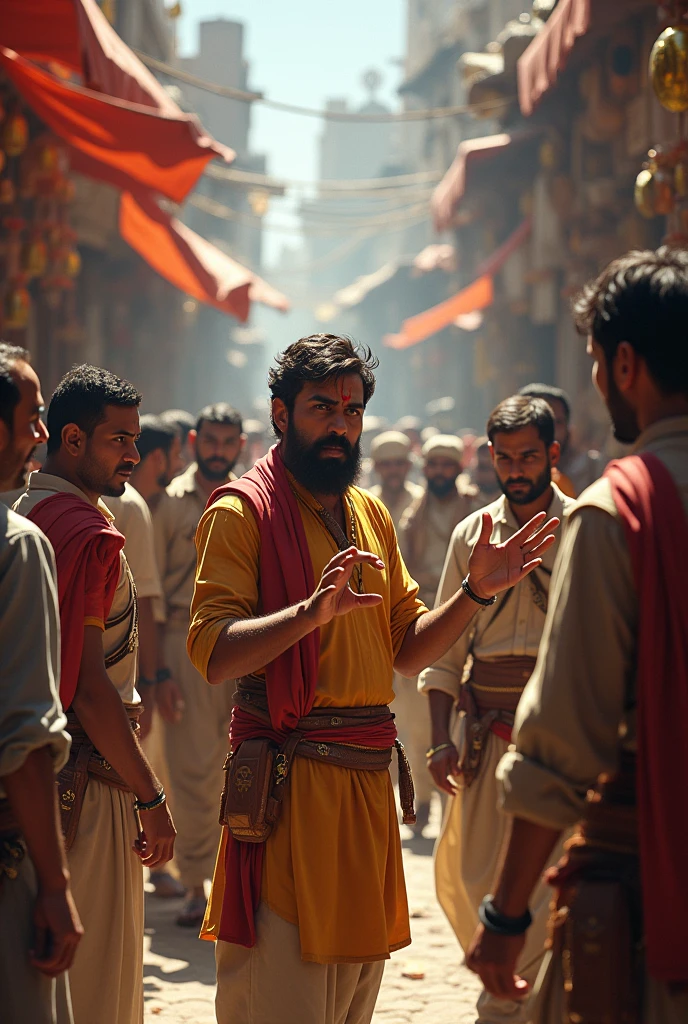 cinematic film still {Realistic photograph of Gajahmada Mahapatih, wearing turban, delivering the Sumpah Palapa oath in front of a large crowd of people. set in Java in the 14th century. Gajahmada should be depicted as a tall and imposing figure, with a stern expression on his face. He should be wearing traditional Javanese clothing, and he should be holding a sword in his hand. The crowd of people should be listening attentively to Gajahmada's words. The background of the painting should be a lush green jungle.} . shallow depth of field, vignette, highly detailed, high budget, bokeh, cinemascope, moody, epic, gorgeous, film grain, grainy