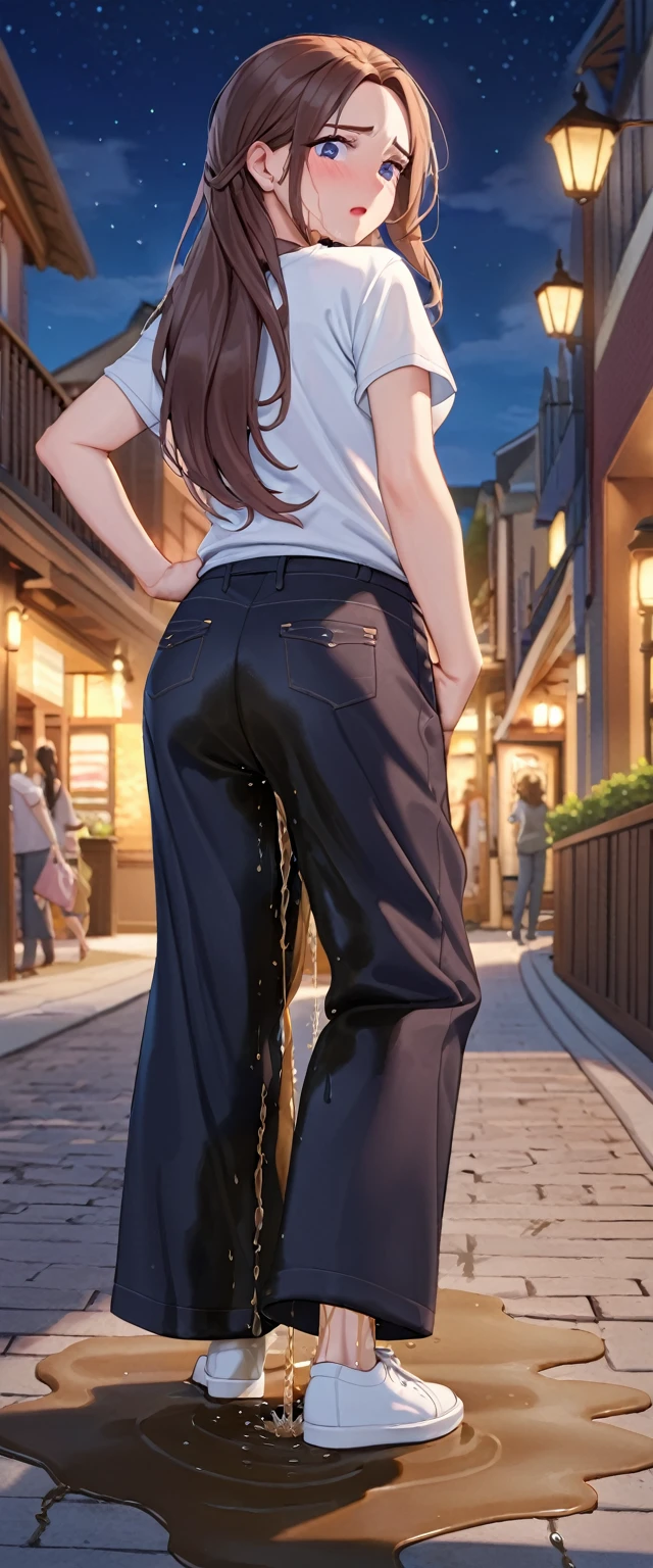 ((best quality, masterpiece:1.3, 8K)), (detailed), highly detailed face and skin texture, detailed eyes, downtown, full body, slender body, 1girl, 25 years old, white skin, bright lips, scared, worried, embarrassed, panicking, long hair, (forehead:0.8), (stylish top:1.2), jeans pants, blue jeans, footwear, peeing jeans, peeing pants, pee stain, (wetting herself:1.5, desperation:1.5),