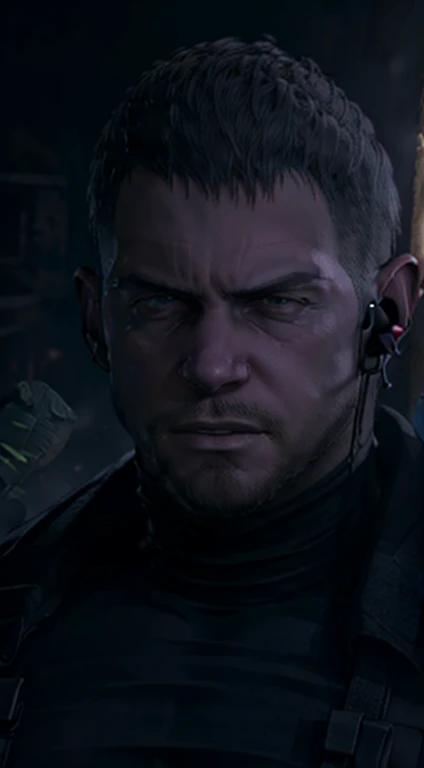 Dark gothic village in the background, old Chris Redfield from Resident Evil 8, 4, muscular male, tall and hunk, black cold turtleneck, straps, earpiece, beard, handsome face, deadpan, video games style, high resolution:1.2, best quality, masterpiece, dark nightime, dark atmosphere, volumetric lighting, shadow, portrait, face close up, looking at viewer