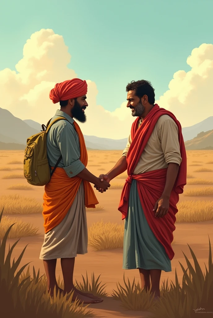 A simple, traditional farmer's costume, consisting of the simple clothes and tools used by the farmer (and carrying sacks of cotton or grain).
Shivaji Maharaj: A dazzling scene with traditional Maharaja robes, sword, and throne or large wings.
Shivaji Maharaj: While talking to the farmer, listening to his problems or helping him.
Farmer: Talking to Shivaji Maharaj, or saluting him, or telling the problem.
Form of Farmer's House: Traditional Indian Farmer's House.
Setting: Field scene, wheat, vegetable, or cotton fields.