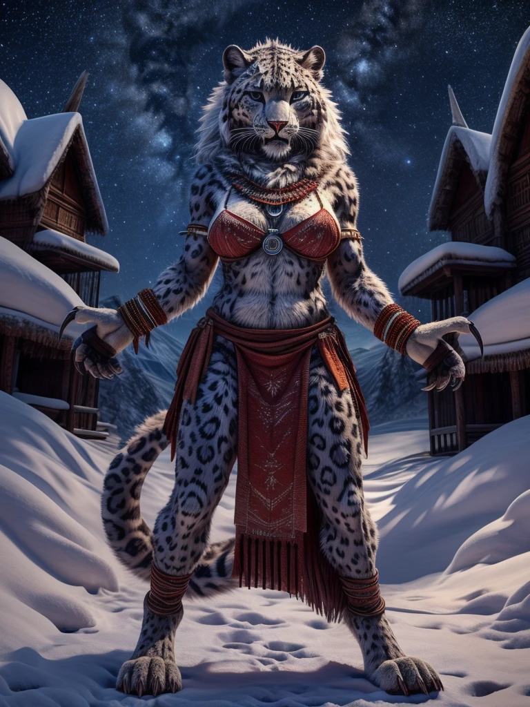 Snow leopard, humanity, Fuzzy, woman, very detailed fur, Female stands upright on the snow, Female stings with legs spread, Front view, Naked, detailed body, perfect detailed hands, 4 fingers with medium-length claws, 3 toes with long claws, baring teeth, Evil look, perfect breasts, Soles and pads, with mane, Mons veneris, open hands turned towards the viewer, Tribal Accessories, Tribal costume, with tribal bra, highest quality, photorealistic, High resolution, visually breathtaking (Detailed lighting), Natur, Starry sky, Night