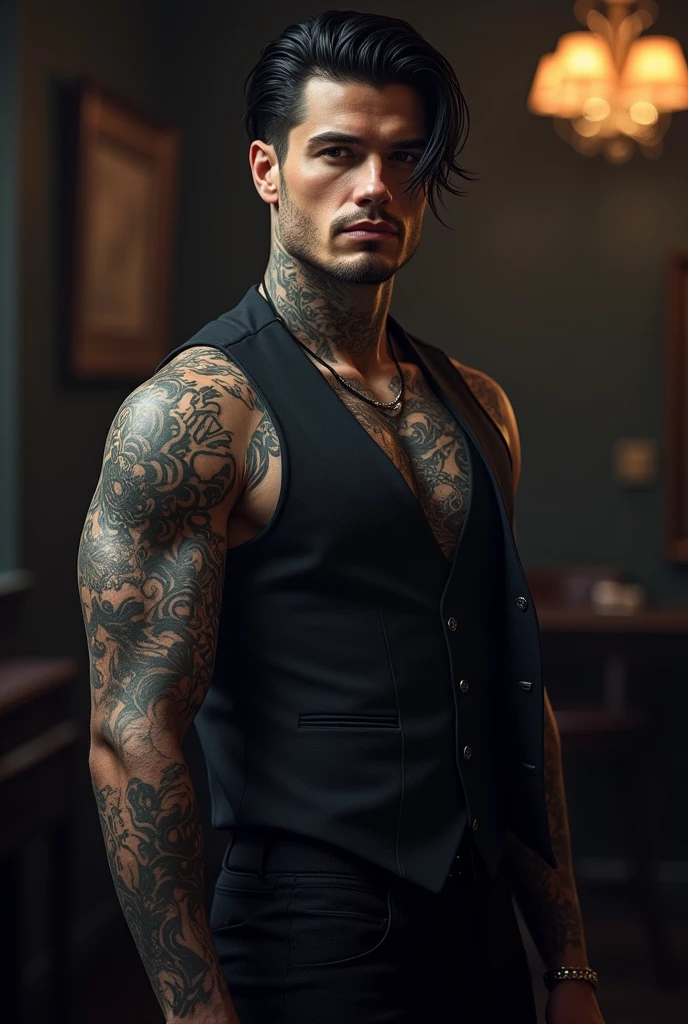 Generates an image of actor Luke Evans tattooed and wearing a black tank top and leather straps