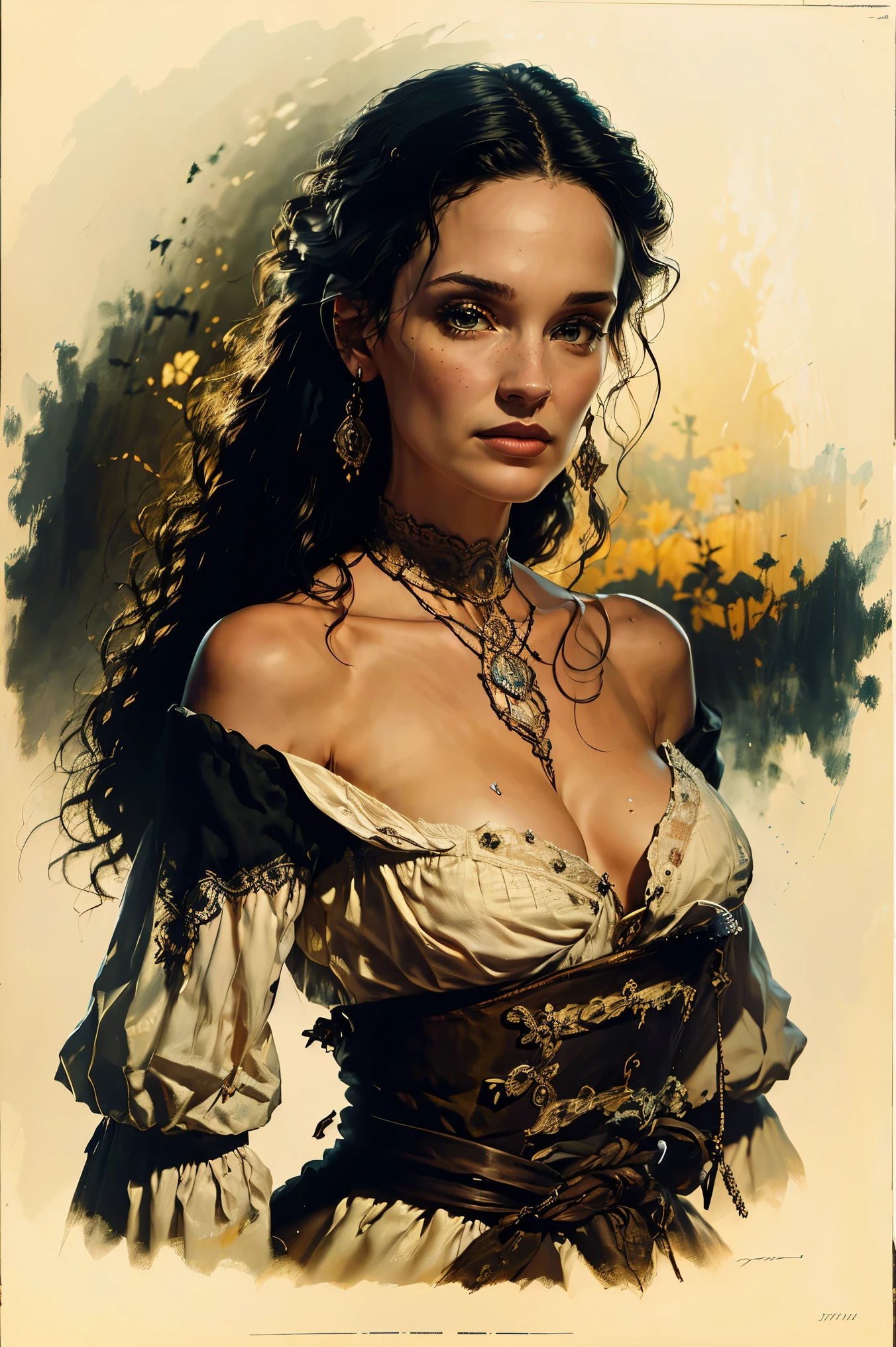 Winona Ryder as an aristocratic woman from the 17th century, highly detailed cinematic illustration, black outlining, full color illustration, vivid colors, white background, masterpiece, 8k, ultra-detailed, physically-based rendering, dramatic lighting, intricate background, photorealistic