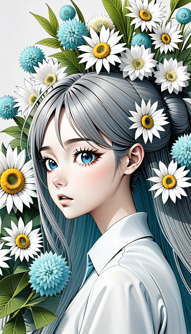 Beautiful woman、Hatsune Miku、flower arrangement、Wabi-sabi art、かわいいface、Very detailed_face_eye、Very detailedなface、whiteいドレス、white、gray、Light blue shades、parchment、抽象的flower arrangement、Three big flowers、Surreal Art、silence、wallpaper、Best Quality、masterpiece、High resolution、８ｋ