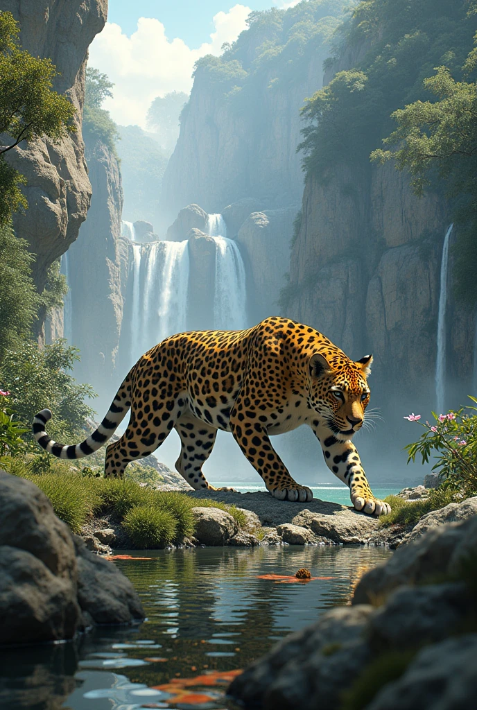 maozonia indigenous girl, 18 years old, bathing in a river, in the middle of the forest, a jaguar watching from afar, sad, Clockpunk, Gamercore, street level view, Blender rendering, 100mm, Sculpture, iridescent colors, Medicalcore, strobe lighting, ultra realistic, photorealistic, octane render, unreal engine, hyper detailed, volumetric lighting, hdr, octane render, fantasy 4k 8K