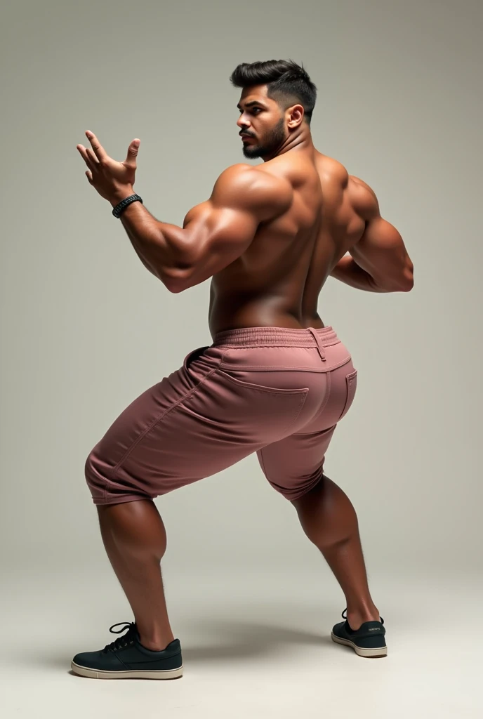 a huge muscular naked bearded black man with a tiny waist, bodybuilder wearing a blue thong, with an outrageous blue mohican haircut, standing side view at a 90 degree angle to the viewer, with hands clasped behind his back, head turned towards the viewer, full body image, seen from a low angle
