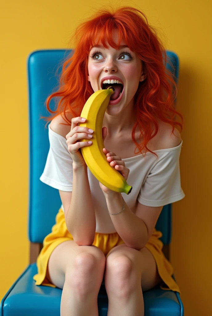 ultra realistic, photography, long red hair, girl, 24 years old, hourglass figure, perfect body, natural small breasts, Flirty look, extremely detailed artgerm, in the style artgerm, facing the camera, lens 35 mm, blur background, she is sitting in bed, she is naked, she is holding a peeled banana, she is licking the side of the peeled banana with her wet tongue, 