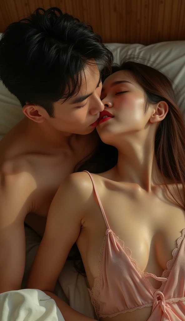 a beautiful korean woman, a beautiful korean woman, a handsome young korean man, naked bodies, lying on a bed, passionate sex, intimate moment, erotic, sensual, detailed facial features, (best quality,8k,highres,masterpiece:1.2),ultra-detailed,(realistic,photorealistic:1.37),dramatic lighting,warm color tones,cinematic composition,chiaroscuro