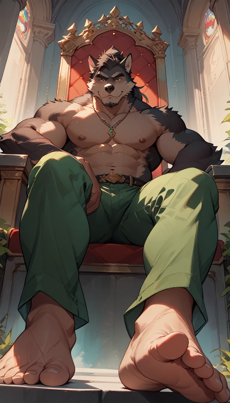 big, furry, muscular male, black wolf, ponytail hair, mature man, sitting on throne, barefoot, green pants, topless, crossed legs, foot focus, low angle view