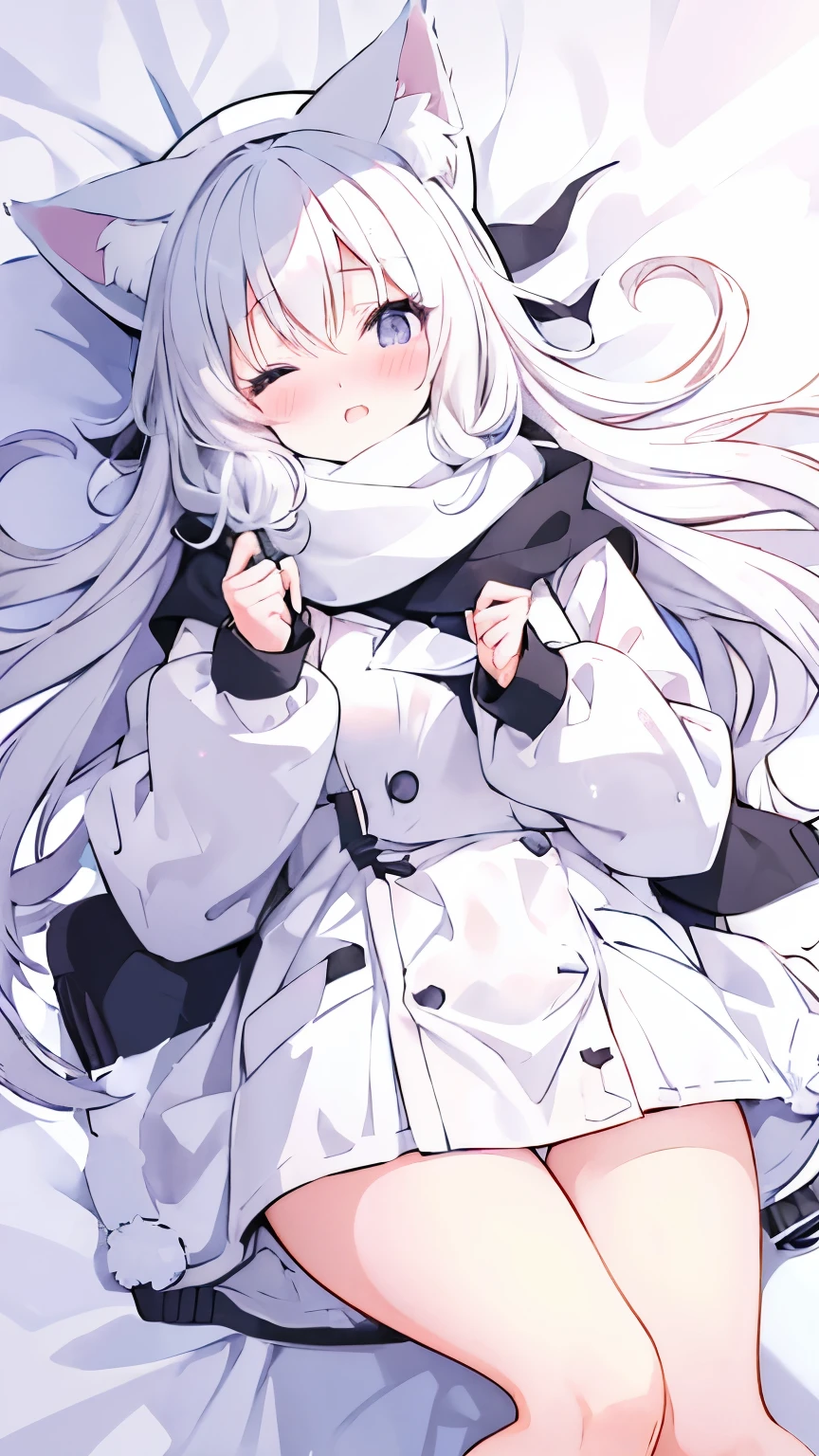 Cute anime girl, white long hair, fluffy cat ears, white skin, black eyes, winter scarf, white beret, plain white winter jacket, no skirt, exposed thighs, exposed legs, plump skin, hard blush, one eye closed, laying in bed, small sized breasts, NO panties, nsfw, missionary POV, exposed vagina,