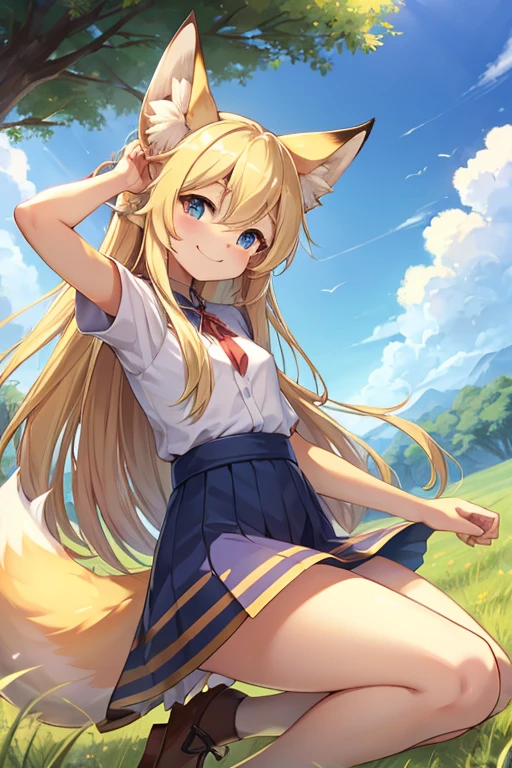 (Fox-eared youth)　Blonde long hair　grassland　blue sky　fine　smile　Move your limbs widely　(((fineよく走る)))