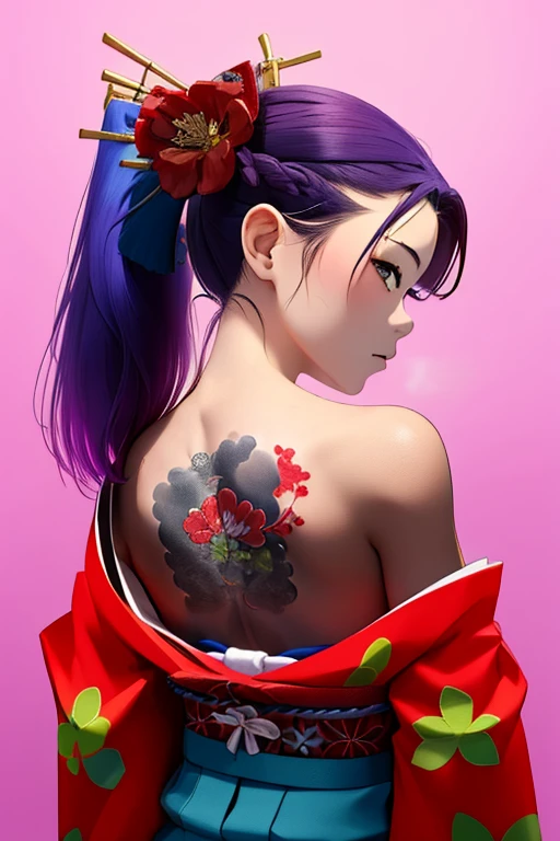 (A very small young Japanese girl)，Loincloth，Japanese Festivals，tattoo，tattoo，Cute kimono，I saw the world，Urine stains，(Side Pony,Colorful Hair，Hair accessories)，tattoo nas costas，sheath，back tattoo，Off the shoulder，Exposing shoulders，Look Back，From behind，flower，Hold, compensate,