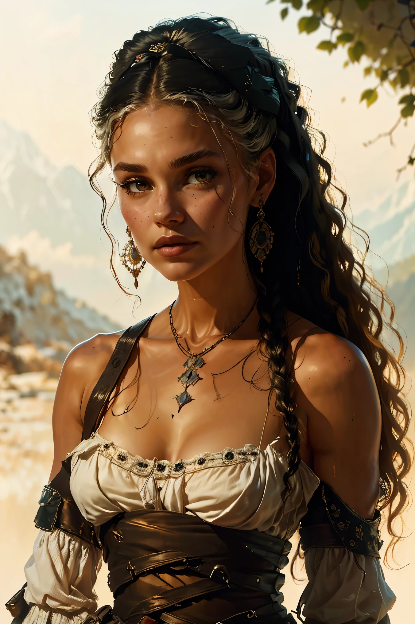 an aristocratic woman from the 17th century based on Octavia Blake from the TV-series The 100, highly detailed cinematic illustration, black outlining, full color illustration, vivid colors, white background, masterpiece, 8k, ultra-detailed, physically-based rendering, dramatic lighting, intricate background, photorealistic