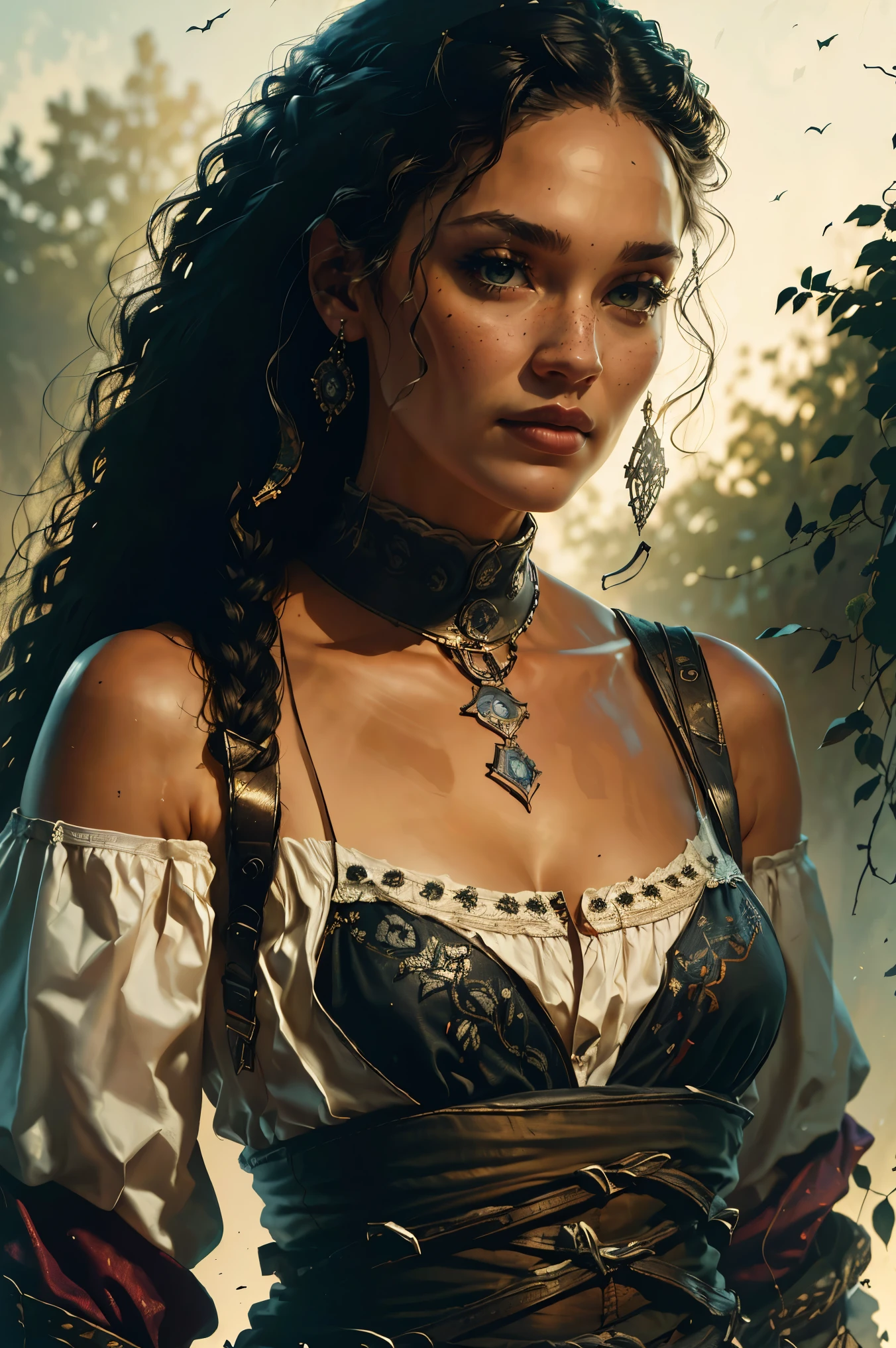 an aristocratic woman from the 17th century based on Raven Reyes from the TV-series The 100, highly detailed cinematic illustration, black outlining, full color illustration, vivid colors, white background, masterpiece, 8k, ultra-detailed, physically-based rendering, dramatic lighting, intricate background, photorealistic