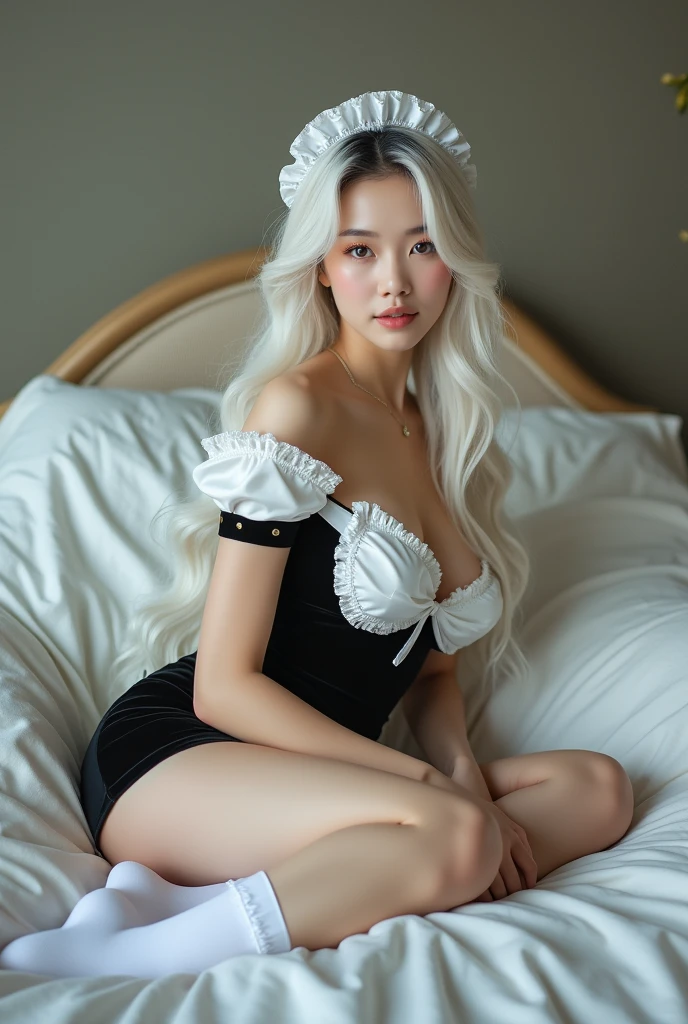 (((white thighhighs, underwear,maid headdress,apron,))),((upper body))Extraordinary sexy beauty、beautiful, calm and bright look、Sexy and refreshing look、完璧なbeautifulcute顔、Very bright, Bright Blue Eyes、Twin tails、Long bangs between the eyes、Long platinum blonde straight hair、beautiful facial hair、とてもcute、beautifully、Sexy young tiny woman、非常に完璧なbeautifulcute顔、beautiful clear cute eyes、Real女性、cute,((Small breasts:1.4))、(((Long white hair)))、Earrings、Pink Lip、choker、Real、Sexual、Highest quality、Detailed face、Detailed Background、Depth of written boundary、alone、night,Highest quality、High resolution、超High resolution(Real:1.4)Detailed eyes、Gradation、Perfect anatomical figure、Woman with perfect body、Highly detailed skin、非常にDetailed face、細部までbeautiful目、Background blur、