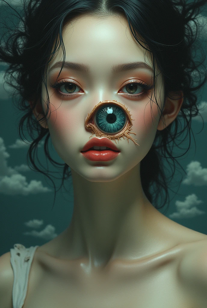 dreamcore girl with one eye giant  on his face, short black hair, she has only one giant eye, and around the eye there are wings  