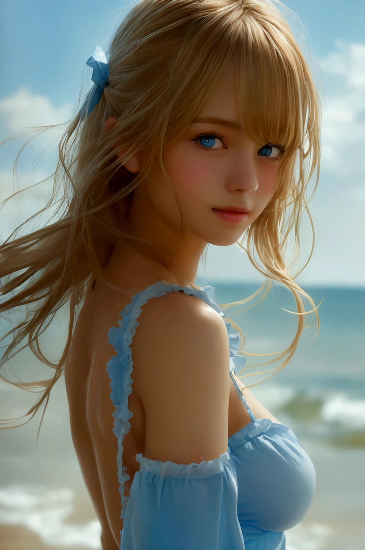 masterpiece, Highest quality, Super detailed, figure, Beautiful details, Depth of written boundary, Dynamic Angle, 8k wallpaper, Portraiture, Best light and shadow quality, 4K, 8k, CG, The finer details, Blurred Background, Upper Body, Contemporary, dress, blonde, Long Hair, Beautiful Eyes, Beautiful splashes