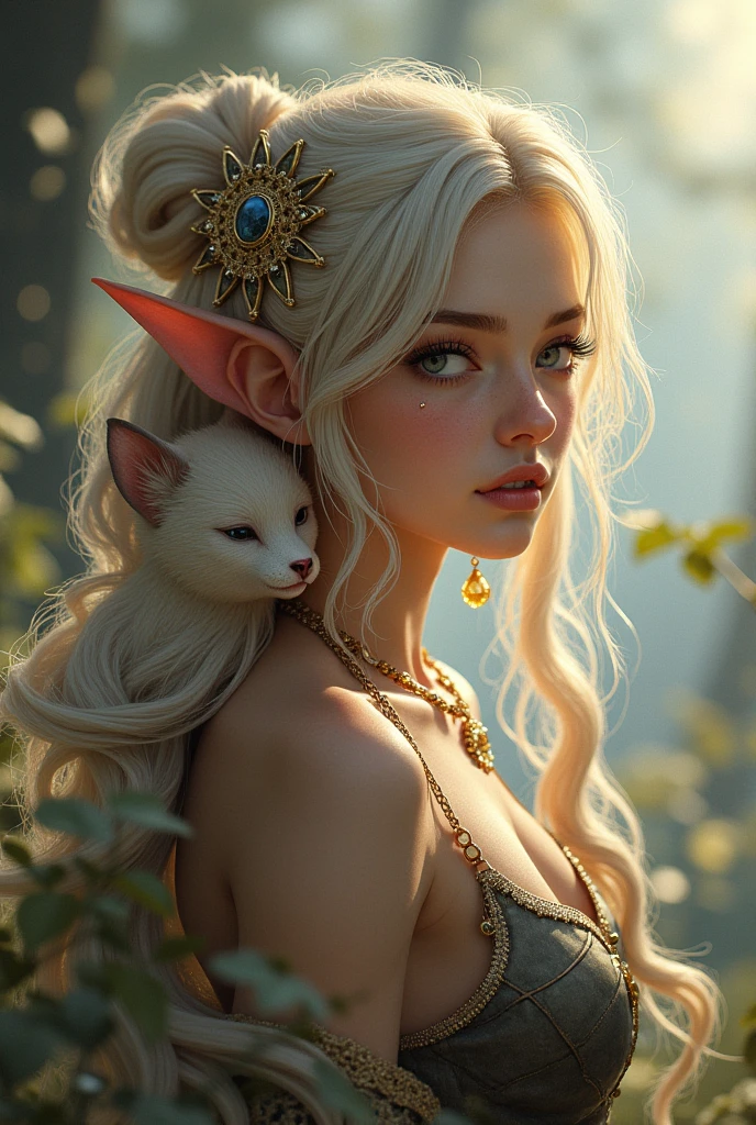 Floresta branca no fundo, design colorido , aurora, mythic, Erotic pose, poro cabelo branco, Seios pequenos, olhos grandes e coloridos, corpo coberto com tatuagem, red lips, Erotic, luz escura,, vestido branco,luz brilhante