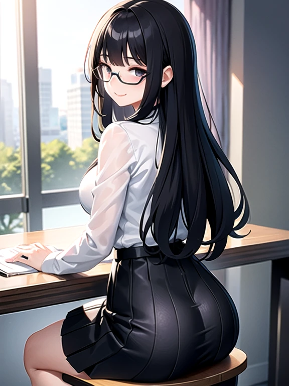 masterpiece, best quality, ultra detailed, dynamic angle, watercolor and oil painting fusion, hot black artwork, white line art, beautiful woman, 1 woman, older woman, beauty, perfect anatomy, perfect eyes, perfect fingers, perfect hands, anime girl, secretary, white shirt, short black skirt glasses, tight, ass, thighs, black hair, siren black eyes, seductive smile, office background, soft, seductive, hot, spicy, front view,