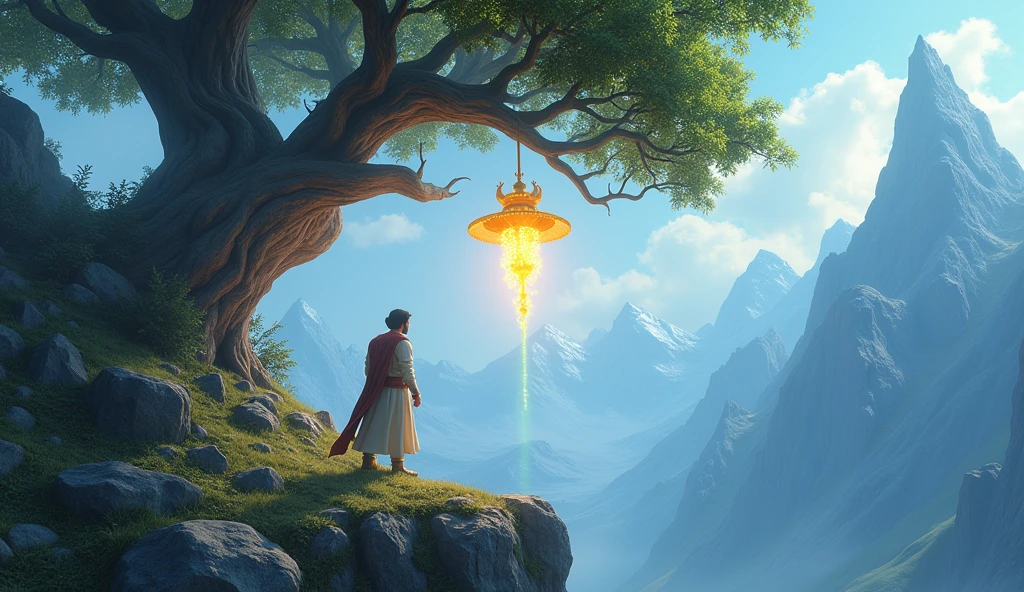 In 3D animation style:The prince nearing the top of the mountain ...