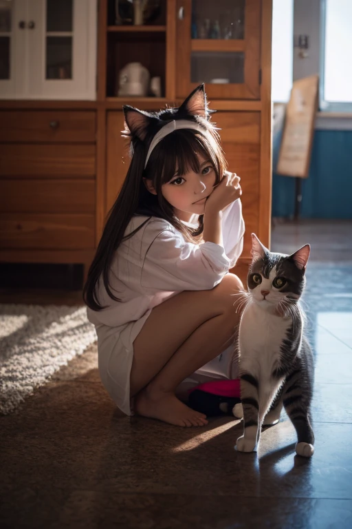 Woman in light maid clothes lying in bed with black cat, Smiling Woman、No makeup、smiling girl、Vlchats in thin maid clothes, Nekomimi, maid! attractive cat girl, Wearing Apple products in VR, very beautiful cute catgirl, Girl in VR headset, catgirl, Cat Girl, hololive, Wearing a VR headset, Wear VR goggles、Indoors bathed in the white light of the morning sun、clothes reflecting light、Teenage woman's skin reflecting light、Fashionable choker black cat、White curtains、There is a white curtain that transmits light、Black cat in a good mood、Teenage woman arm trying to touch cat's tail、Maid clothes reflecting the morning light、Cat Shadow、Fair-skinned young girl lying on bed、Black cat sitting in bed、Girl and Black Cat、Teenage girl's arms are translucent、Veins are visible inside、Anatomical internal muscles and blood vessels on the skin of the arm are faintly visible.、Thin anatomical tendons and veins are also visible on the nape of the girl's neck.、with a slender body、In the arms of a girl、shiny hair is faintly visible.、Beautiful black rich fur of cats、masterpiece、Delicate black-haired girl、maid clothes、The girl's thin arms and hands are transparent、Slender little teenage girl、Rin々Shii Black Cat、Photographer girl's face reflected on the glass surface of high-end headset(0.9)、Beautiful black cat coat、The eyes of the black cat also reflect the image of the girl who took the photo.(0.9)、top-quality(0.8)、masterpiece、contest winner