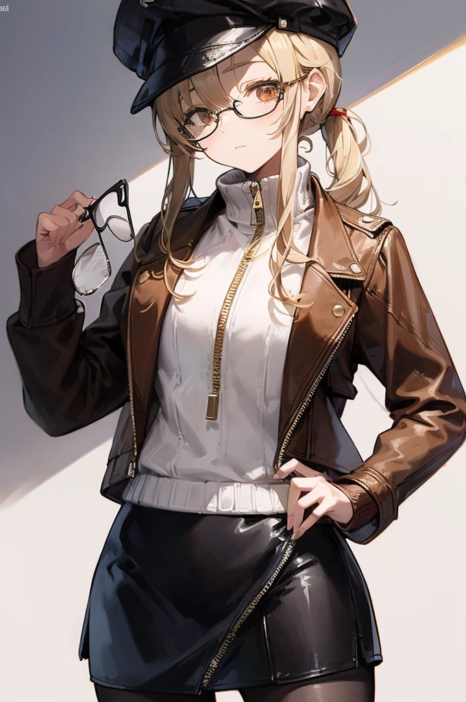 masterpiece, concept art, centered, close up shot, portrait, standing, 1girl, Melania, reverse 1999, glasses, long blonde hair, leather jacket, white sweater with zipper, black skirt, red legging, flat cap, museum background