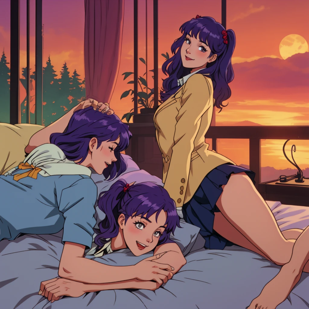 from front
full body
looking back
laugh
sparkling eyes
closed mouth
hair accessory
false eyelashes
side ponytail
medium hair
hime cut
one side up
ringlets
purple hair
school uniform, blazer
lie down on the bed
arms up
river
sunrise,dawn
one woman