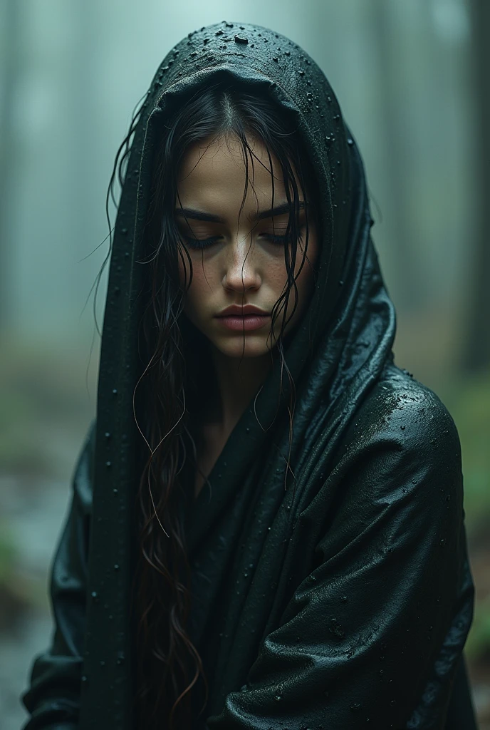 ((masterpiece, Fantasy,One eye closed,Black paint on eyelids and cheeks, Girl)), Brown wavy short hair, Black hooded robe,Heavy Robe,assassin, forest, Shallow water, fog, Trying to remove the hood with both hands