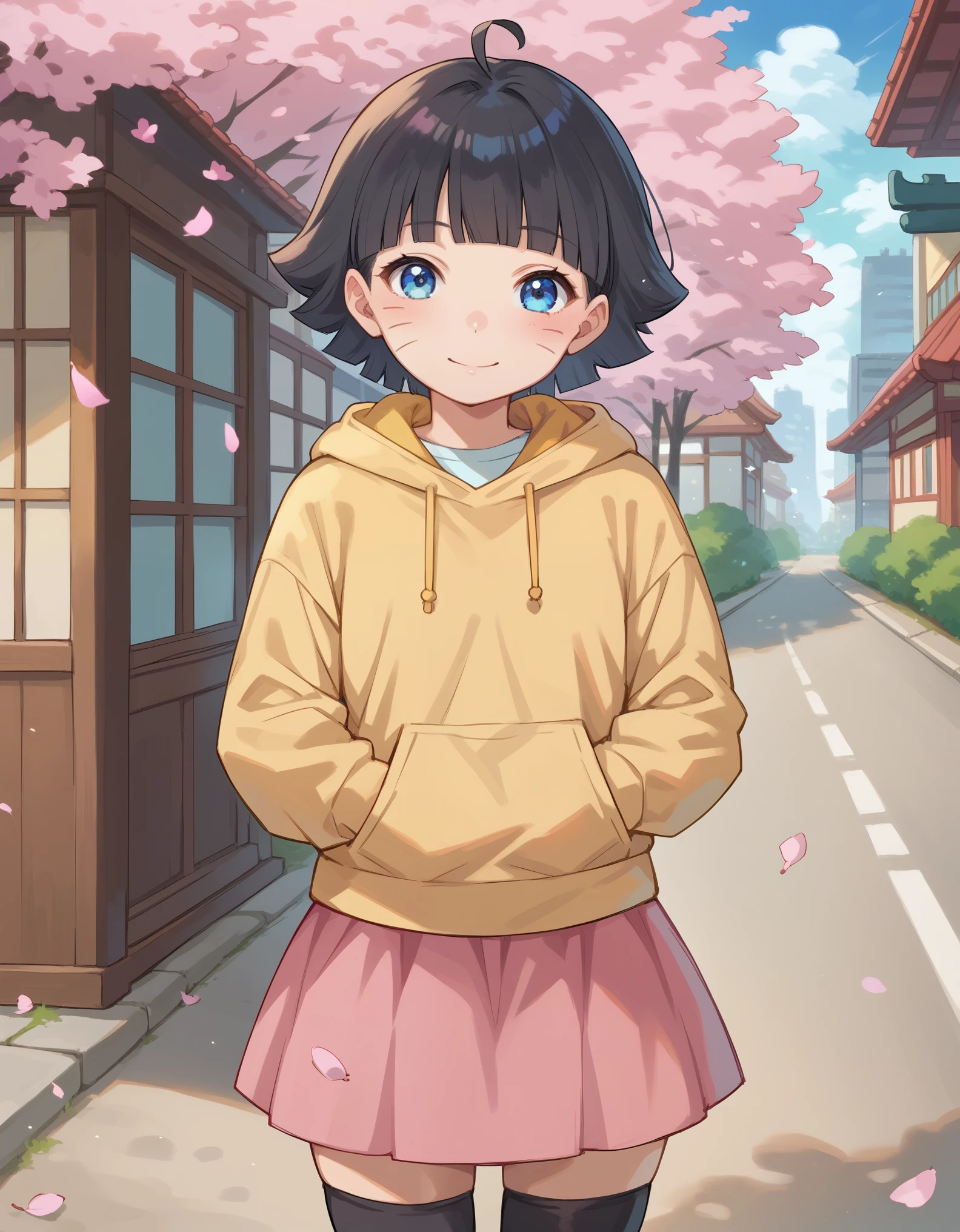 score_9, score_8_up, score_7_up, BREAK source_anime, 1girl, solo, outdoors, street, cherry blossoms, cowboy shot, standing, looking at viewer, himawari, blue eyes, black hair, short hair, blunt bangs, facial mark, whisker markings, ahoge, yellow hoodie, long sleeves, (pink skirt:1.3), black thighhighs 