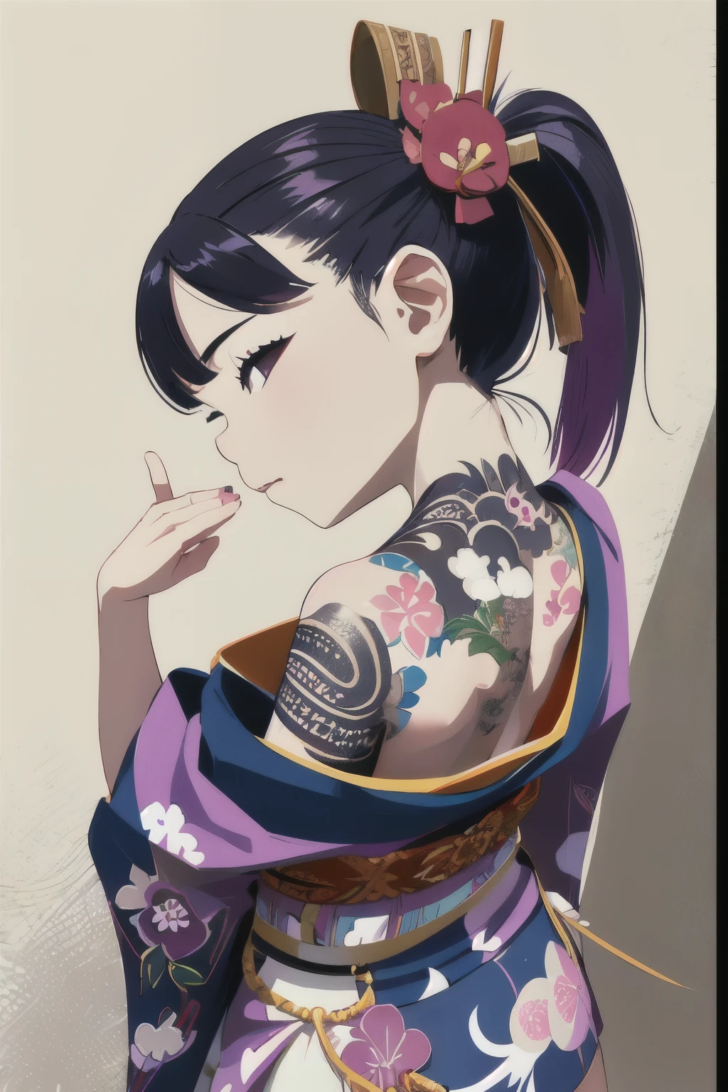 (A very small young Japanese girl)，Loincloth，Japanese Festivals，tattoo，tattoo，Cute kimono，I saw the world，Urine stains，(Side Pony,Colorful Hair，Hair accessories，)，tattoo nas costas，sheath，back tattoo，Off the shoulder，Exposing shoulders，Look Back，From behind，flower，Hold, compensate,