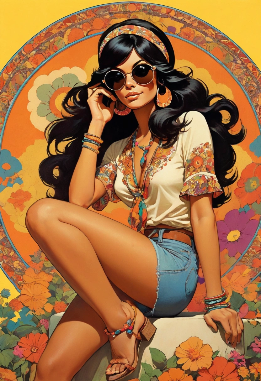 circle sticker for Create a vibrant sticker featuring a sexy hippie girl from the 1970s. She has light brown tanned skin and long, flowing black hair with loose curls. She is striking a playful, alluring pose, sitting with one leg bent and the other extended. She wears high-waisted denim shorts with frayed edges, a tied crop top with colorful floral patterns, and accessorizes with round sunglasses, a beaded headband, hoop earrings, and bangles. The atmosphere is carefree and fun, with retro colors and a slight vintage glow, reminiscent of the groovy 1970s.. make sure the sticker looks full of doodle, horney facial expression, art style by Frank Frazetta

