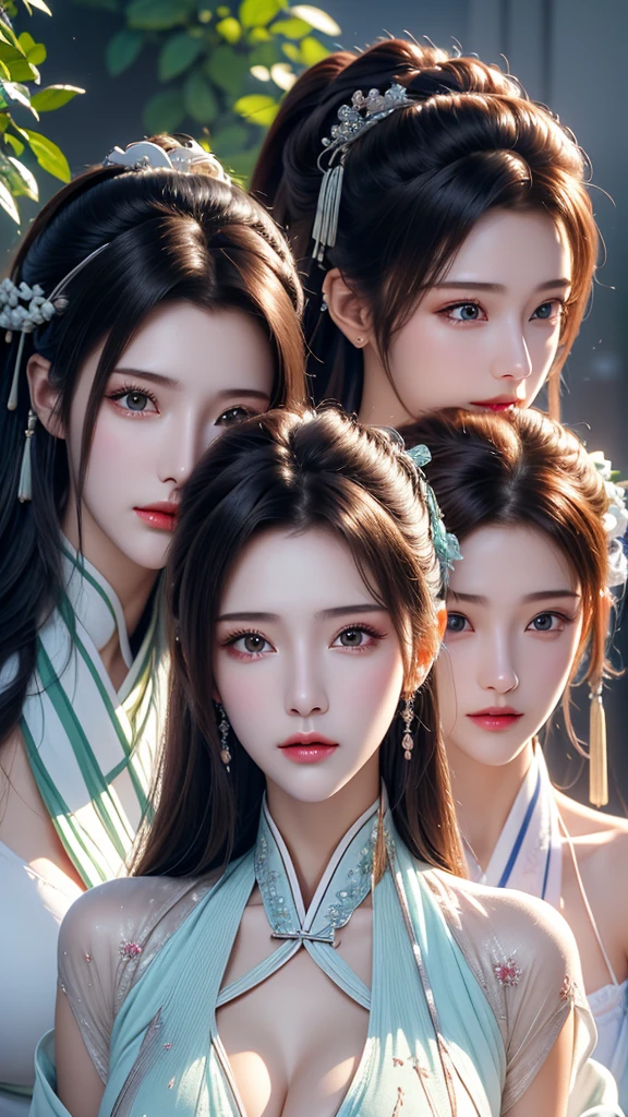 ((3girls)), masterpiece, Best Quality, Illustration, Ultra-detailed, finely detail, hight resolution, 8K Wallpaper, Perfect dynamic composition, Beautiful detailed eyes , Sexy face,Face feeling ecstasy,Face at the peak of sexual arousal, looking at viewer, ((ancient chinese background)), white suit, black hair, perfect slim body, hair ornament, show breast