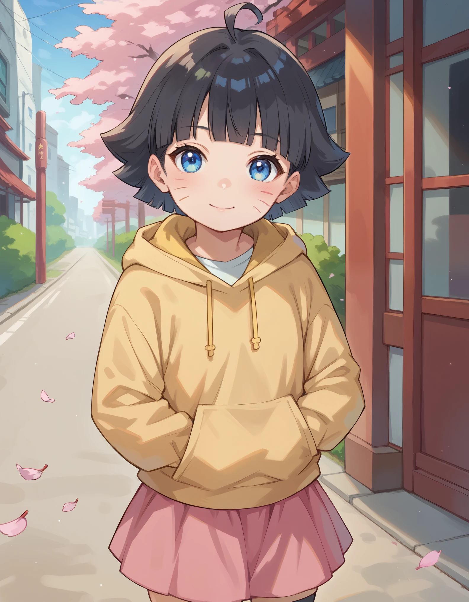 score_9, score_8_up, score_7_up, BREAK source_anime, 1girl, solo, outdoors, street, cherry blossoms, cowboy shot, standing, looking at viewer, himawari, blue eyes, black hair, short hair, blunt bangs, facial mark, whisker markings, ahoge, yellow hoodie, long sleeves, (pink skirt:1.3), black thighhighs 