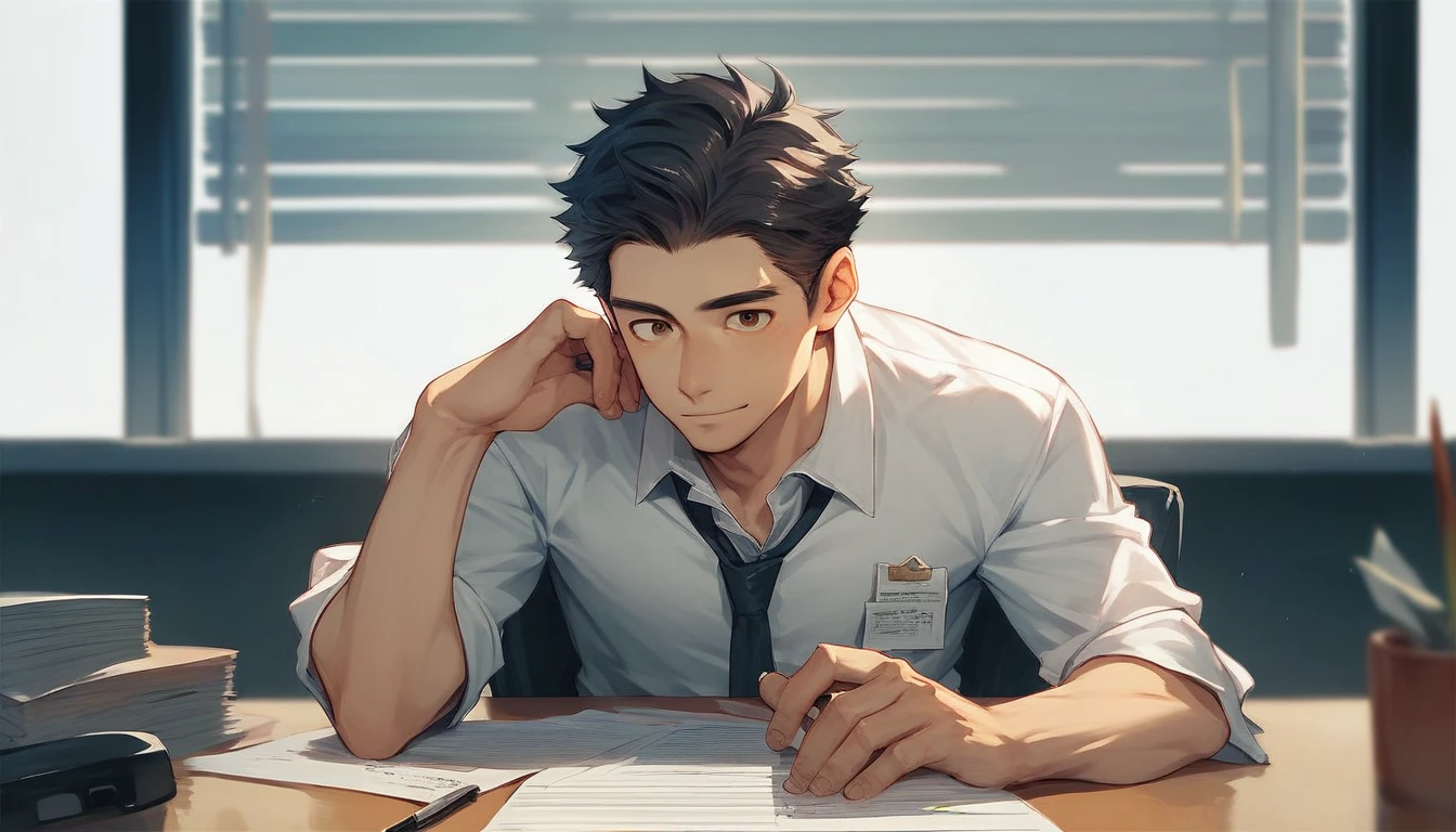 Office worker, alone, writing rejume at the desk, Japanese, black hair, brown eyes, male, suit, office, NSFW, nude, worst quality, low quality, bad anatomy, bad hands, bad body, missing fingers, extra digit, fewer digits