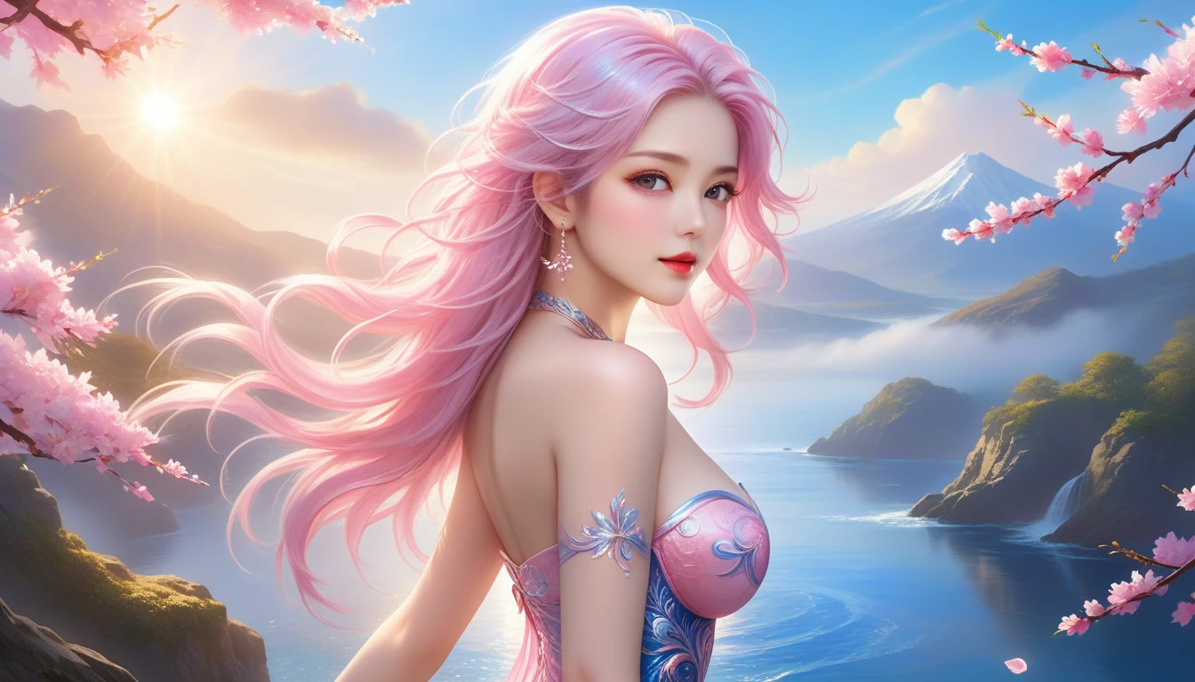 A Masterpiece In 32K Resolution, Supreme Quality, Super Detail, Official Art, Very High-Resolution 32K Wallpaper, Beautiful And Aesthetic, Ultra-Detailed Features, Awe Inspiring Detail. This Is An (Upper Body) Painting With Ultra-Precision, Showcasing An Incredibly Detailed And Delicate Figure. A Sexy Girl With (Her Ample Breasts, Dreamy Gaze), Flowing (Silvery-Pink Hair) That Cascades Down Her Back, And Eyes As (Deep And Blue As The Ocean). Her Features Are Extremely Delicate And Breathtakingly Beautiful, Framed With Soft (Cinematic Lighting). (Highly Detailed Beauty), Surrounded By A (Luminous Halo). The Beauty Of (Her Eyes) Is Mesmerizing. A Tranquil Landscape With (Cherry Blossoms Floating Gently In The Breeze), (Serene Mist Rolling Through The Valley), And Skin With A (Porcelain-Like Radiance) And Crystal-Like Texture (Highlight Her Ample Breasts). The Water Reflects The Fine Details Of The Scene Rendered To Perfection.