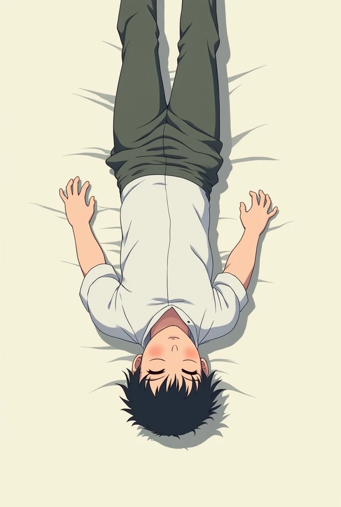 Coucher pensif anime garçon les deux mains derrière la tête regardant le plafond