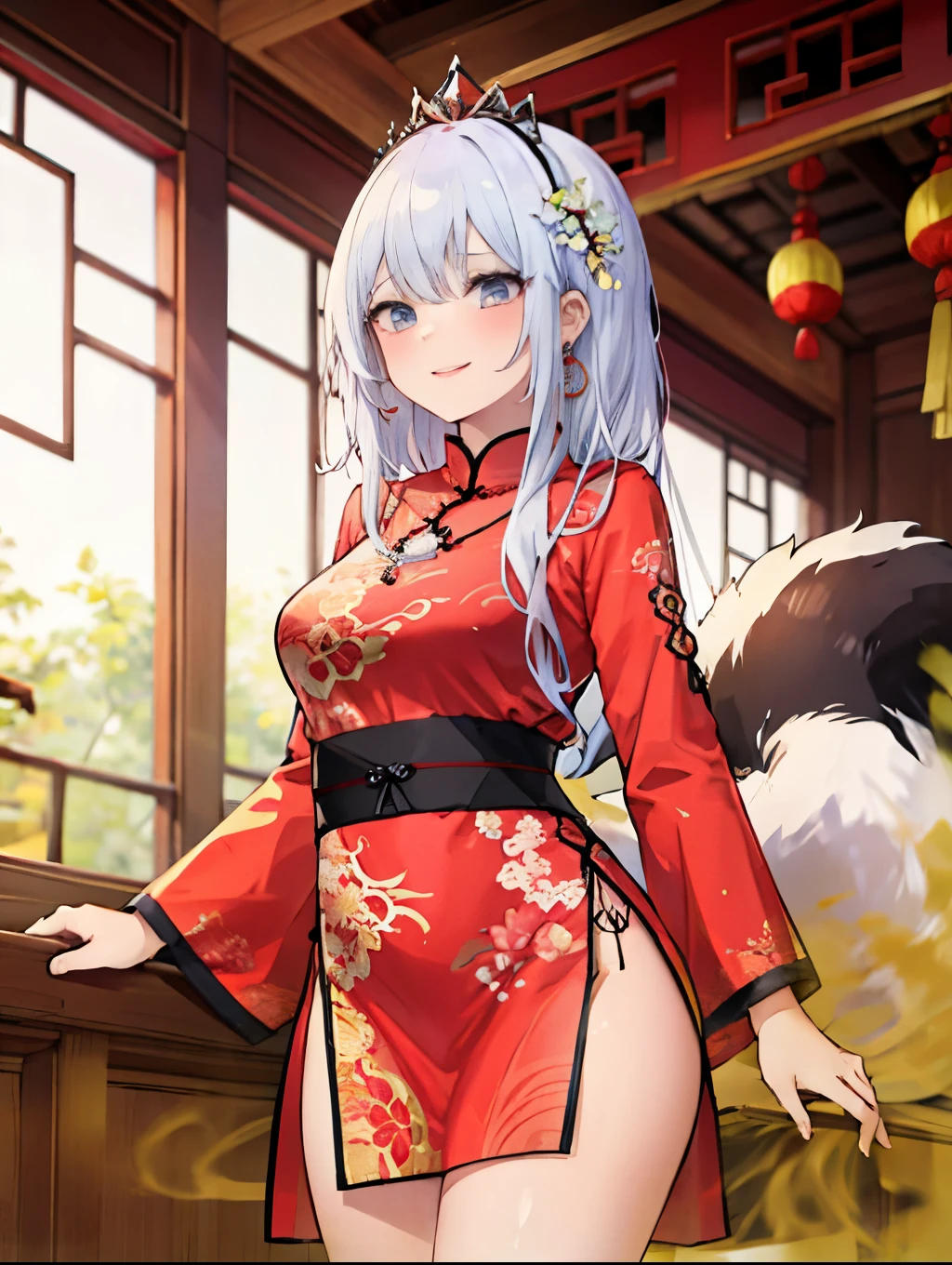 Best Quality, masterpiece, High resolution, One girl, Skunk Girl,ancient Chinese pink dress, Beautiful Face, Ancient Chinese Clothing, Bow without original photo, elegant, Noble, Crown, Thin legs, Fairy, Hair Accessories, Alone, View your viewers, smile, shut up, lips, dress, Hair Accessories, necklace, jewelry, Long Hair, Earrings, architecture, east asian architecture