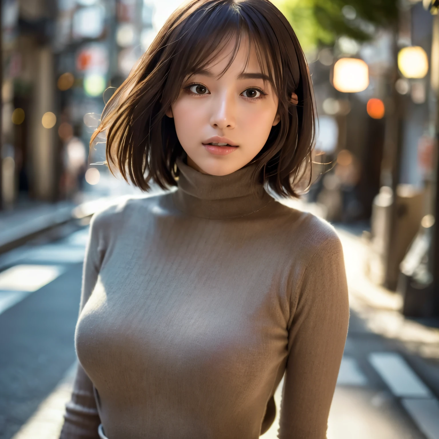 (Turtleneck sweater、skirt)、(Highest quality,masterpiece:1.3,Ultra-high resolution,),(Very detailedな,Caustics),(realism:1.4,RAW shooting,)Ultra-Realistic Capture,Very detailed,HD 16K Human Skin、 Natural skin texture、、Skin looks healthier、Even Skin Tone、 Use natural light and colour,A woman ,Japanese,,cute,Brunette,(Depth of written border、Color Difference、Short to medium hair、Wide range of lighting、Natural Shadows、)、(Hair swaying in the wind:1.2)、Tokyo cityscape