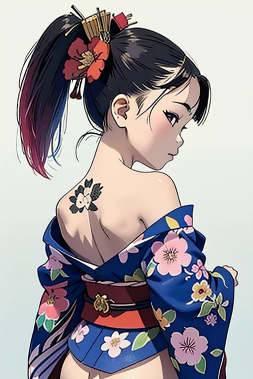 (A very small young Japanese girl, elementary school student)，Loincloth，Japanese Festivals，tattoo，tattoo，Cute kimono，I saw the world，Urine stains，(Side Pony,Colorful Hair，Hair accessories，)，tattoo nas costas，sheath，back tattoo，Off the shoulder，Exposing shoulders，Look Back，From behind，flower，Hold, compensate,