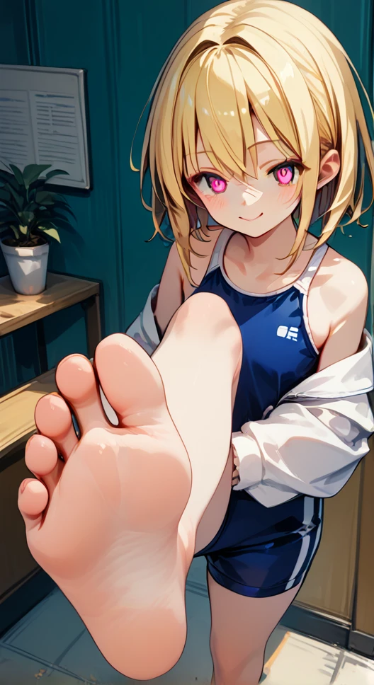 score_9,score_8_up,score_7_up,score_6_up,score_5_up, swim suit, indoor swimming pool hall,,Mami Nanami from Rental Girlfriend, blonde-beige hair, Solitary, indoors,barefoot,Foot Focus,hypno feet, hypnotic feet, Koneko Toujou from Highschool DxD tries to hypnotize viewer with soles of feet, possessive, mind control, brainwash, 3D Rendered Anime style, short hair, standing and show foot,shanding and show sole,standing on one leg,foot focus,sole,barefoot,no shoes, young soles, smug