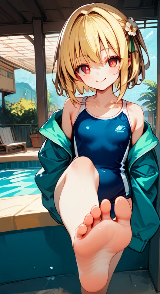 score_9,score_8_up,score_7_up,score_6_up,score_5_up, swim suit, indoor swimming pool hall,,Mami Nanami from Rental Girlfriend, blonde-beige hair, Solitary, indoors,barefoot,Foot Focus,hypno feet, hypnotic feet, Koneko Toujou from Highschool DxD tries to hypnotize viewer with soles of feet, possessive, mind control, brainwash, 3D Rendered Anime style, short hair, standing and show foot,shanding and show sole,standing on one leg,foot focus,sole,barefoot,no shoes, young soles, smug