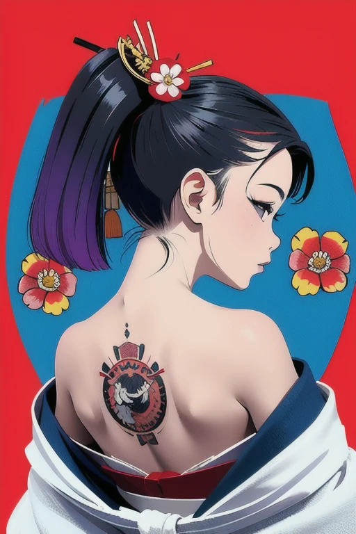 (A very small young Japanese girl, elementary school student)，Loincloth，Japanese Festivals，tattoo，tattoo，Cute kimono，I saw the world，Urine stains，(Side Pony,Colorful Hair，Hair accessories，)，tattoo nas costas，sheath，back tattoo，Off the shoulder，Exposing shoulders，Look Back，From behind，flower，Hold, compensate,