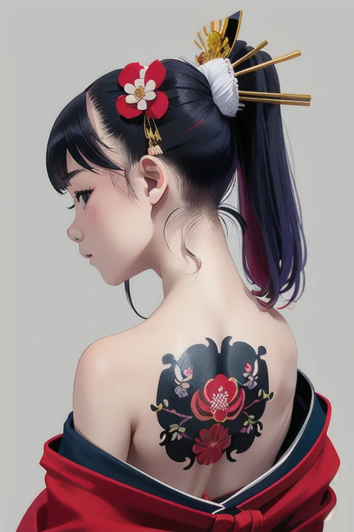 (A very small young Japanese girl, elementary school student)，Loincloth，Japanese Festivals，tattoo，tattoo，Cute kimono，I saw the world，Urine stains，(Side Pony,Colorful Hair，Hair accessories，)，tattoo nas costas，sheath，back tattoo，Off the shoulder，Exposing shoulders，Look Back，From behind，flower，Hold, compensate,