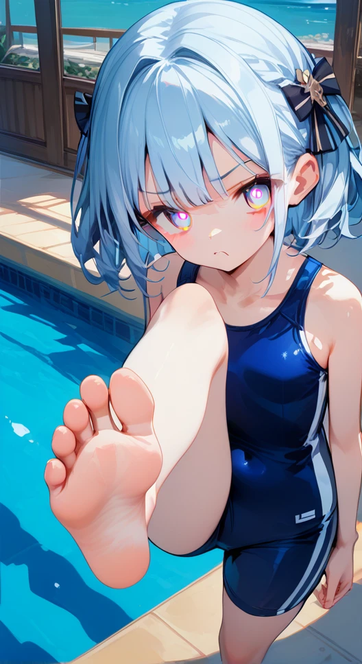 score_9,score_8_up,score_7_up,score_6_up,score_5_up, swim suit, black ribbon in hair, indoor swimming pool hall,,Ginko Sora from ryuuou no oshigoto, Solitary, light blue-ish white hair, indoors,barefoot,Foot Focus,hypno feet, hypnotic feet, tries to hypnotize viewer with soles of feet, possessive, mind control, brainwash, 3D Rendered Anime style, short hair, standing and show foot,shanding and show sole,standing on one leg,foot focus,sole,barefoot,no shoes, young soles, tsundere