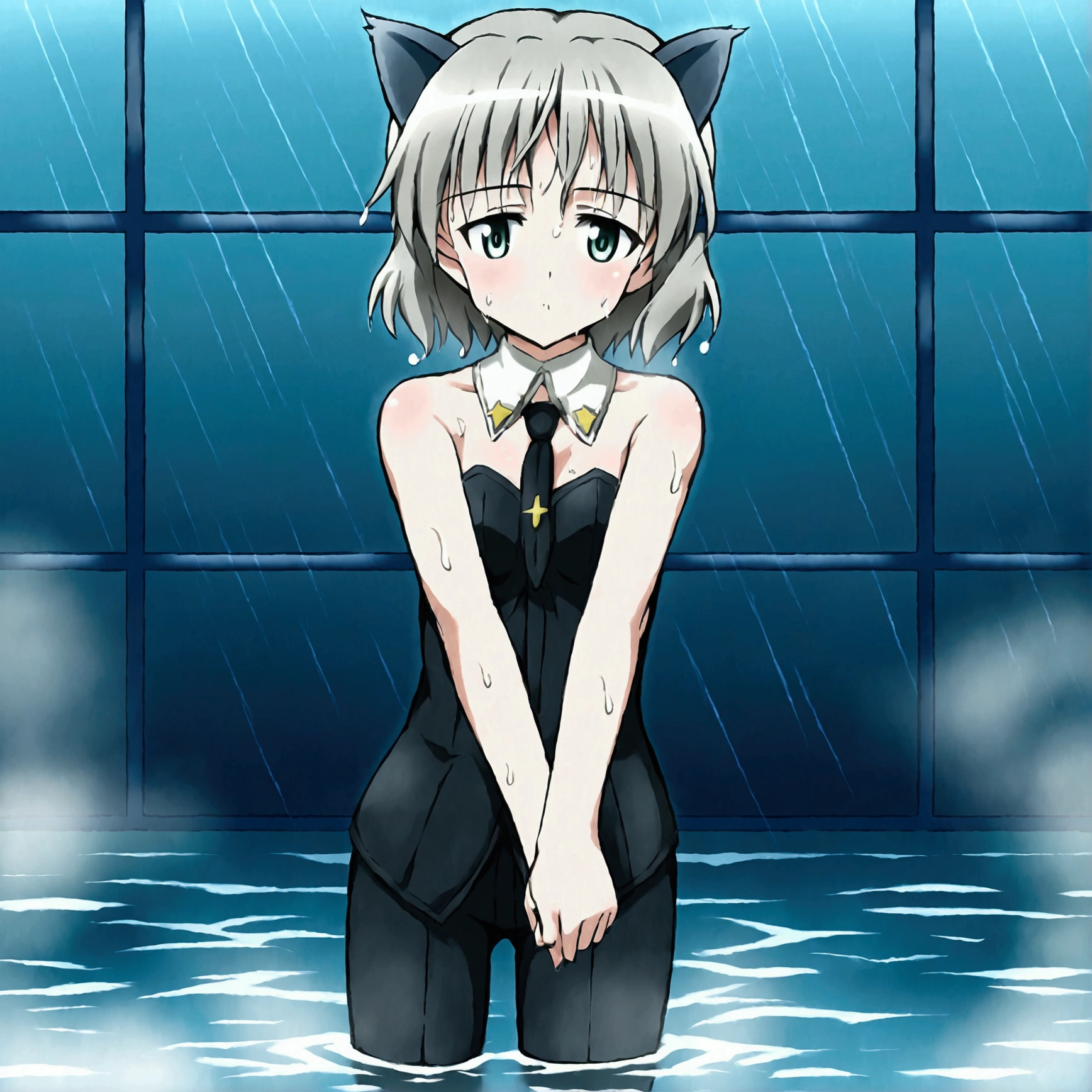 (8k, Best Quality, Anime Style, View your viewers, Intricate details:1.3),(One woman, Strike Witches Sanya, Possessing a firearm,uniform), (Striker Unit, Sweating, The whole body is visible, Being hit by rain, Soaking wet, In the air)