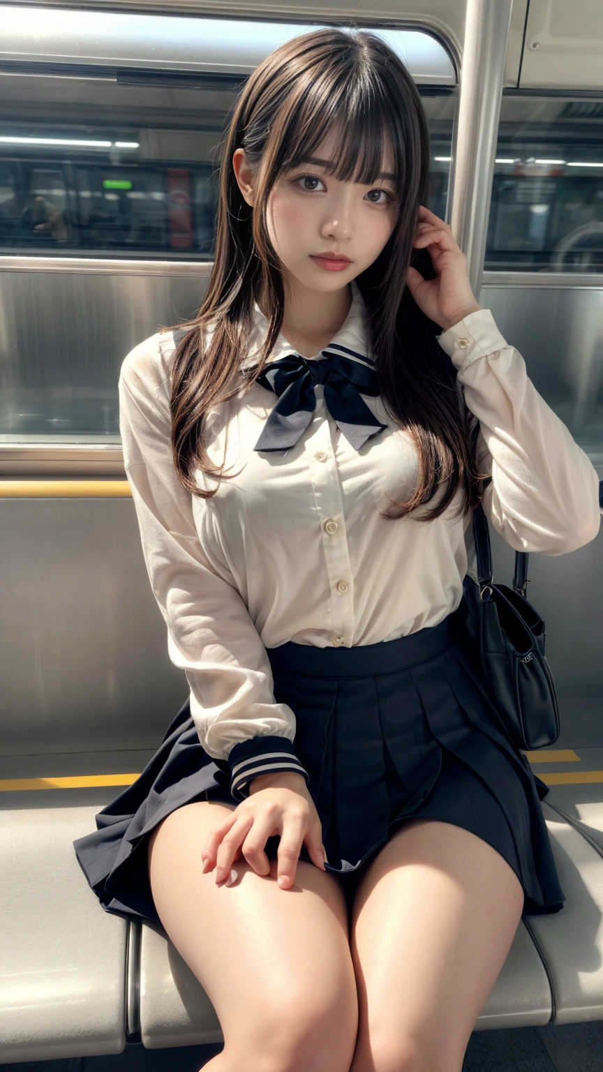 20-year-old women,,Clear images、Real women 、Brown Hair, Medium Hair〜Half-up、She is sleeping soundly with her mouth open.., Slim figure ,Breasts are a little bigger than normal , Head to toe full body shot, Shiny white high heels、 Blouse with ribbon on the chest、Checkered mini skirt, Sit comfortably in the back of the bus, 、私 threw my head back and fell into a deep sleep..,Arms hanging down. I'm exhausted on the way home after work..Sleeping like the dead.My knees are open, Both feet are on the floor, sleeping face, close your eyes, Mouth wide open and drool、Tilt your head back and look up, I can rest my head on the seat and sleep soundly..., Anatomically correct,Composition looking up from the front