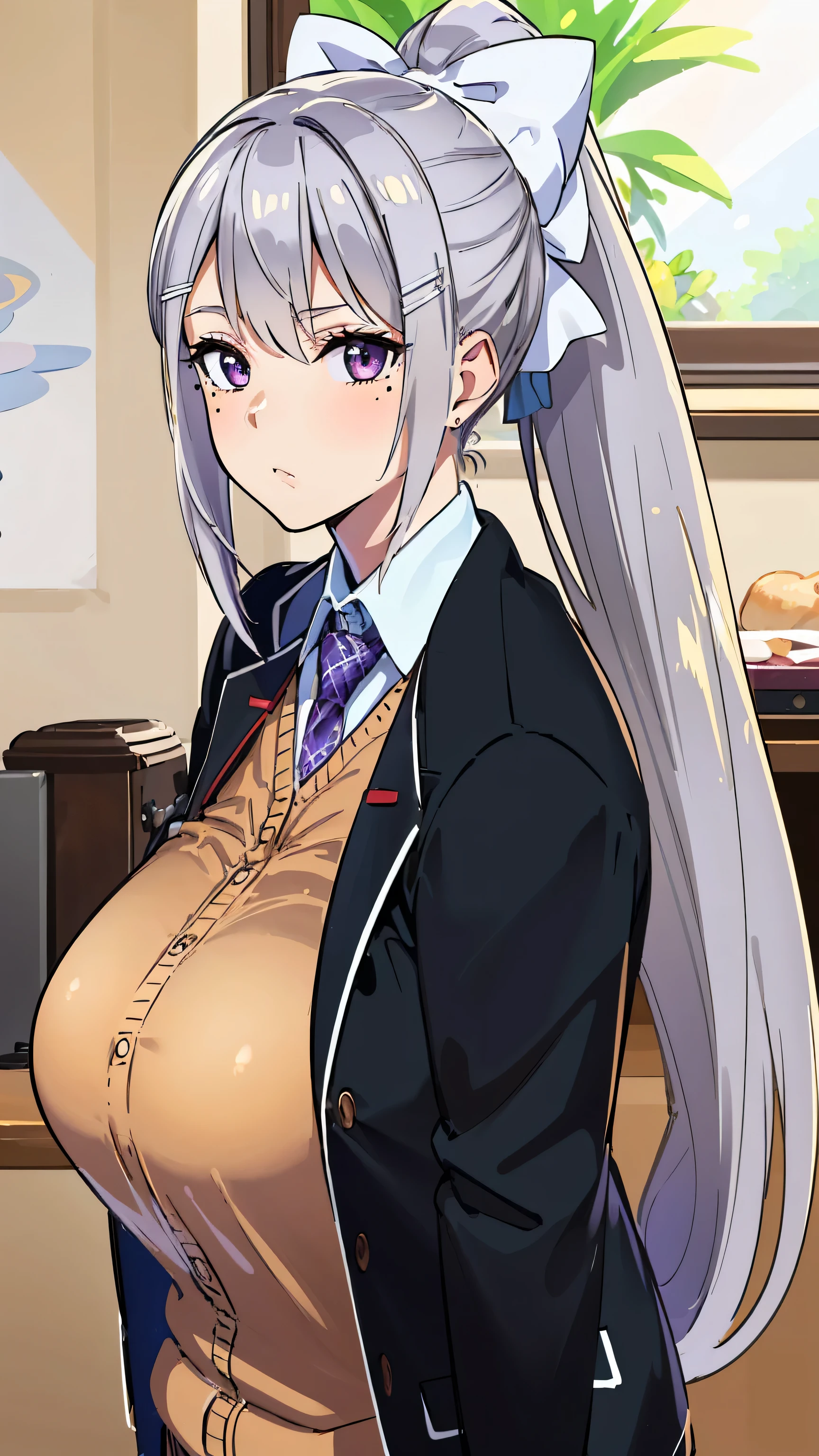 (Best Quality, 8k, masterpiece: 1.3),Large Breasts,Higuchi Kaede, 1girl, Alone, long hair, mole under eye, purple eyes, ponytail, white bow, hair bow, hairclip, grey hair,Voluptuous body,Glare,