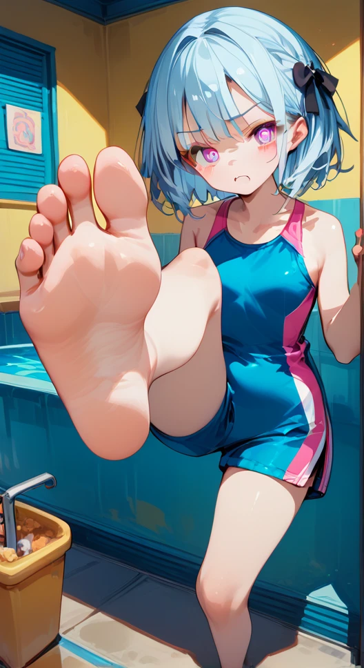 score_9,score_8_up,score_7_up,score_6_up,score_5_up, swim suit, black ribbon in hair, indoor swimming pool hall,,Ginko Sora from ryuuou no oshigoto, Solitary, light blue-ish white hair, indoors,barefoot,Foot Focus,hypno feet, hypnotic feet, tries to hypnotize viewer with soles of feet, possessive, mind control, brainwash, 3D Rendered Anime style, short hair, standing and show foot,shanding and show sole,standing on one leg,foot focus,sole,barefoot,no shoes, young soles, tsundere